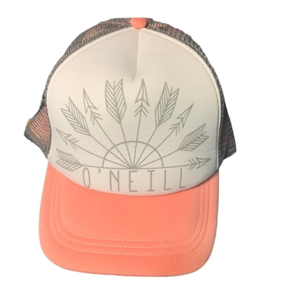 O’neill women's snap back hat, peach, grey and white